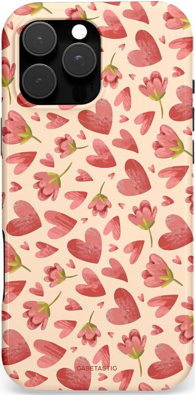 Casetastic hoesje geschikt voor Apple iPhone 16 Pro Max - MagSafe - Dubbellaagse bescherming - Verbonden Hartjes - Fashion Case - Crème Koraal Perzik