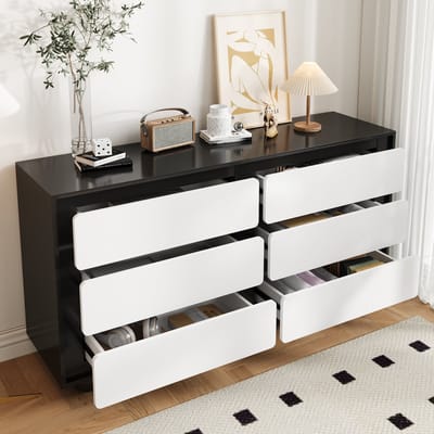 MODENUIT Dressoir - 6 Laden met Afgeronde Fronten - Voor Slaapkamer en Woonkamer - Wit en Zwart - 140x38x74,5 Cm