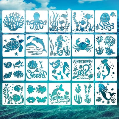 20 Stencils voor Kinderen om te Schilderen, Herbruikbare Sjablonen voor Creatieve Projecten, Zee-Thema en Zeepaardje Ontwerpen