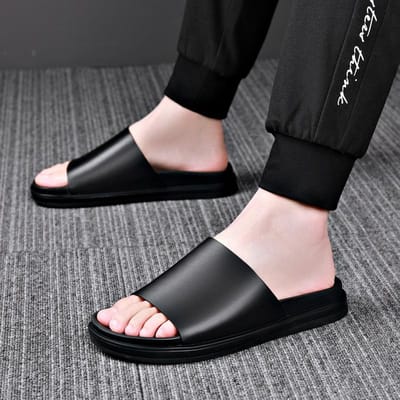 Nieuwe Echte Lederen Pantoffels Heren Dikke Zool Antislip Flip-flop Sandalen voor Heren Mode Casual Zwarte Zomerschoenen Mannen 41 gray