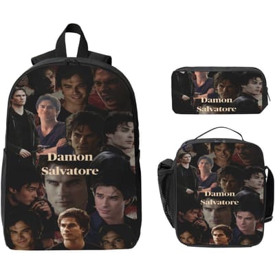 Damon Salvatore Kinderrugzak Lunchbox Etui voor Jongens Meisjes Kleuterrugzakken Leuke Schooltas Boekentas Set black