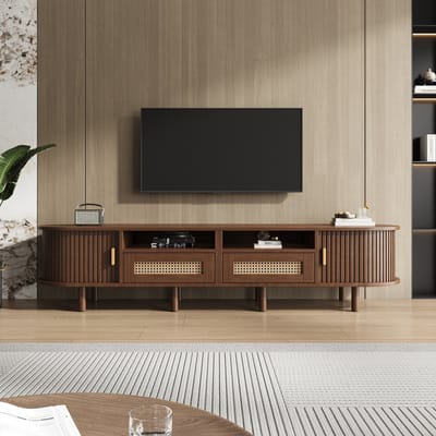 TV-meubel - 170 x 40 x 40 cm - Ovaal Lowboard met Rattan en Schuifdeuren - Rattan - Walnoot