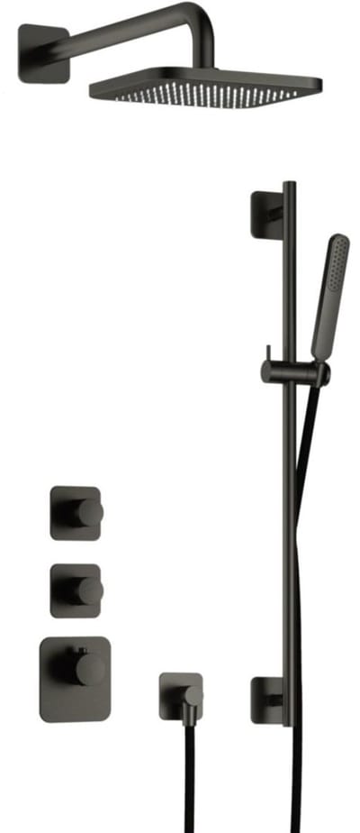 Hotbath Gal - Inbouw Regendoucheset - Geborsteld Gunmetal PVD - 2 Stopkranen - Thermostatisch - Wandarm 35 cm - Hoofddouche 220 mm - Staafhanddouche - Glijstang 900 mm - V01