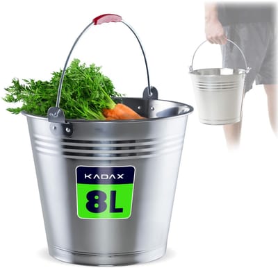 KADAX Zink emmer voor het opbergen, wateremmer van hoogwaardig roestvrij staal, robuuste tuinemmer, mortelemmer, poetsemmer, houder voor het gieten van planten (8 liter)