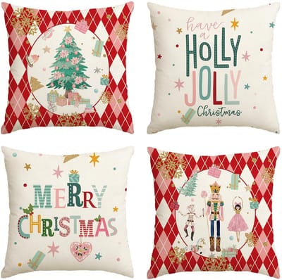 Dailygoody - Kerst Kussenhoezen - Rood Diamant Geruite Notenkraker - 4-delig - 45x45 cm - Decoratie voor Woonkamer - Gezellige Sfeer