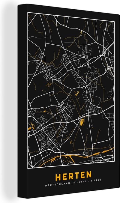 Canvas Schilderij Black and Gold – Stadskaart – Herten – Duitsland – Plattegrond – Kaart - 20x30 cm - Wanddecoratie