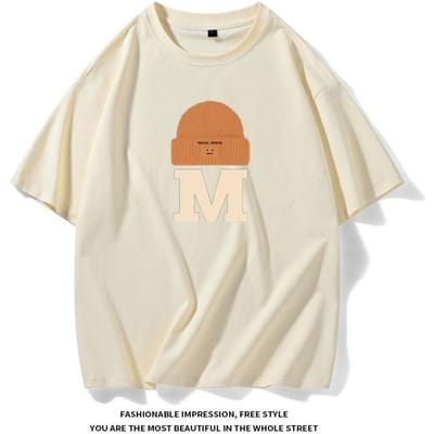 T-shirt à manches courtes pour garçons, tendance, ample, motif chapeau d'été, chemise à bascule, T-shirt pour hommes L beige