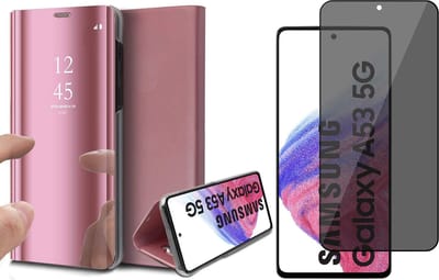 Hoesje geschikt voor Samsung Galaxy A53 - Book Case Spiegel Wallet Cover Hoes Roségoud - Tempered Glass Privacy Screenprotector