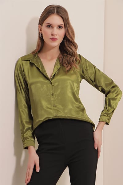 Satin Lange Mouw Knop-Up Shirt