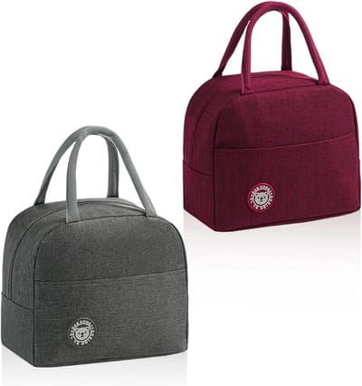 Set van 2 kleine lunchtassen in grijs en wijnrood met zijvakken - Mini-koeltassen met handige hengsels voor school, kantoor en familiegebruik