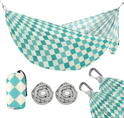 Camping Hangmat - Dubbele Hangmat - Ontspanning Buiten - Inclusief Draagtas - 29 x 138 Meter - Turkoois Dambord