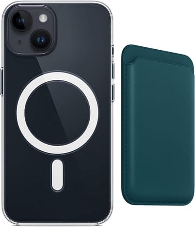 Stravo Clear Hoesje met magnetic Wallet Card Holder - Geschikt voor iPhone 15 - Beschermhoes case inclusief Leren kaarthouder Wallet - Blauwgroen