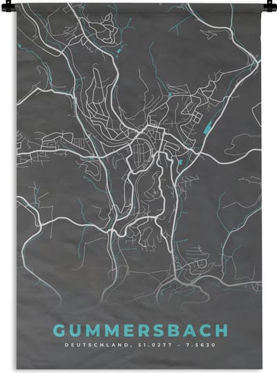 Wandkleed - Wanddoek - Gummersbach – Stadskaart – Blauw – Plattegrond – Stadskaart – Kaart - Duitsland - 120x180 cm - Wandtapijt