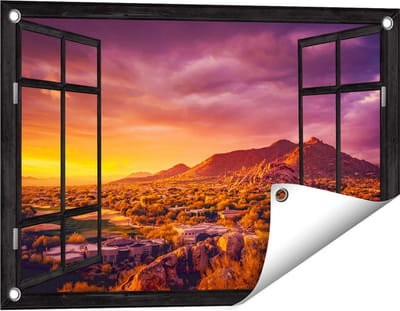 Gards Tuinposter Doorkijk Woestijn Landschap met Zonsondergang - 60x40 cm - Tuindoek - Tuindecoratie - Wanddecoratie buiten - Tuinschilderij