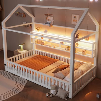Huisbed 90x200 cm - Wit metalen kinderbed - Huisbed met veiligheidshek - Zevenkleurige ledverlichting - 204 x 95 x 170 cm - Kinderkamer