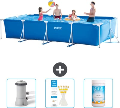 Intex Rechthoekig Frame Zwembad - 450 x 220 x 84 cm - Blauw - Inclusief Zwembadfilterpomp - Testrips - Chloor