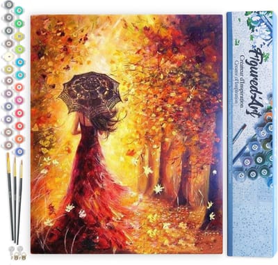 Figured'Art Schilderen op Nummer Volwassenen canvas Herfstbos en vrouw met paraplu - Handwerk acrylverf Kit DIY Compleet - 40x50cm zonder frame
