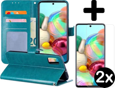 Hoesje - Met 2x Screenprotector - Geschikt voor Samsung Galaxy A71 - Luxe Pasjeshouder - Flip Case - Bookcase Portemonee - Kunstleer Book Case - Flipcase Hoes - Book Cover - Walletcase - Portemonneehoes - Telefoonhoes - Turquoise