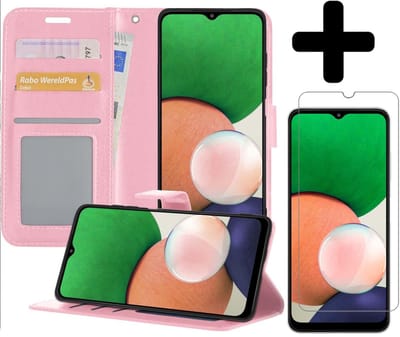 Hoesje - Met Screenprotector - Geschikt voor Samsung Galaxy A22 4G - Luxe Pasjeshouder - Bookcase Portemonee - Flip Case - Kunstleer Book Case - Flipcase - Book Cover - Walletcase - Portemonneehoes - Telefoonhoesjes - Lichtroze