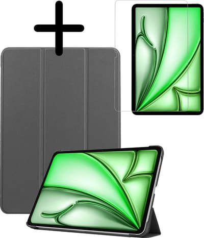 Hoesje Geschikt voor Apple iPad Air 6 (2024) - 11 inch - 6e Generatie - M2 - Met Screenprotector - Trifold Bookcase - Hard Cover - Hardcover Book Case - Tablet Hoes - Grijs