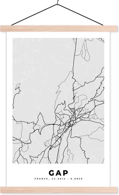 Posterhanger incl. Poster 40x60 cm - Schoolplaat - Plattegrond – Kaart – Stadskaart – Frankrijk - Gap - Textielposter - Blanke latten - Stadskaart