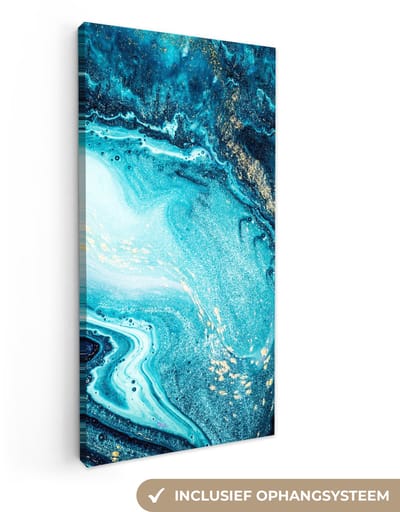 Canvas schilderij 20x40 cm - Wanddecoratie Marmerlook - Blauw - Goud - Luxe - Glitter - Marmer - Muurdecoratie woonkamer - Slaapkamer decoratie - Kamer accessoires - Schilderijen op canvas