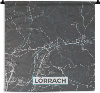 Wandkleed - Wanddoek - Lörrach – Stadskaart – Blauw – Plattegrond – Stadskaart – Kaart - Duitsland - 180x180 cm - Wandtapijt