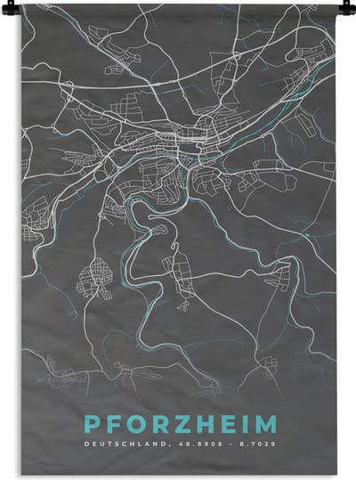 Wandkleed - Wanddoek - Stadskaart – Kaart – Pforzheim – Blauw – Duitsland – Plattegrond - 120x180 cm - Wandtapijt