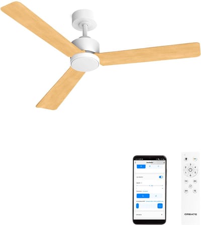CREATE - Stille plafondventilator 40W met licht - Wit / Licht hout - Ø132cm - WIFI + Afstandsbediening - WIND MODERN
