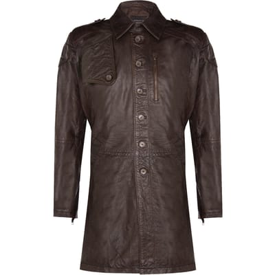 Zachte lange militaire trenchcoat van noodlijdend leer