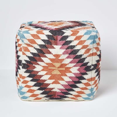 Poef in boho-look, roze en oranje kilim-voetenbank Manila, wit vloerkussen voor woonkamer of slaapkamer, van wol en katoen in retrostijl, 43 x 43 x 43 cm
