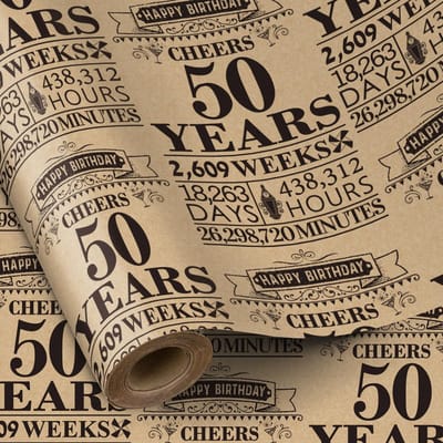 Dailygoody - Verjaardagscadeaupapier - 50e verjaardag - Elegant zwart design - 5 meter rol - Geef een prachtig cadeau - Voor verjaardag - Kraft papier