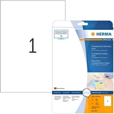 Herma 4375 Folie-etiketten 210 x 297 mm Polyester folie Transparant 25 stuk(s) Permanent hechtend Laser (kleur), Laser (zwart/wit), Kopiëren (kleur),