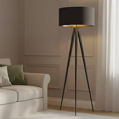 Lindby vloerlamp Benik, driepoot, textiel, zwart/goud, 153cm