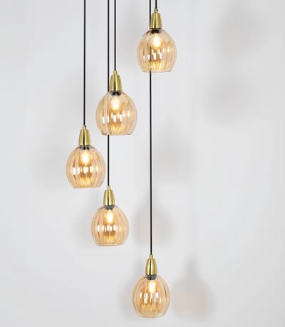 LumenXL Design mat zwarte - zandgouden hanglamp - amberkleurig glas 5-lichts - Baton