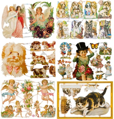 Poëzieplaatjes - 6 vellen - plaatjes - hobby - creatief - decoupage - knutselen - scrapboek - Engelen - Honden - Poezen