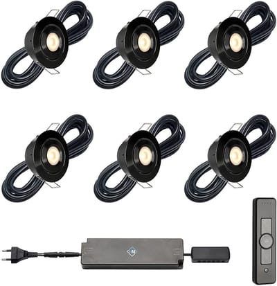 LED veranda inbouwspots Toledo zwart ab inclusief trafo en afstandsbediening - 3W / dimbaar / kantelbaar / inbouwspot / terrasoverkapping / overkapping / serre / carport / warm wit / rond / 230V / IP44 / set van 6 stuks