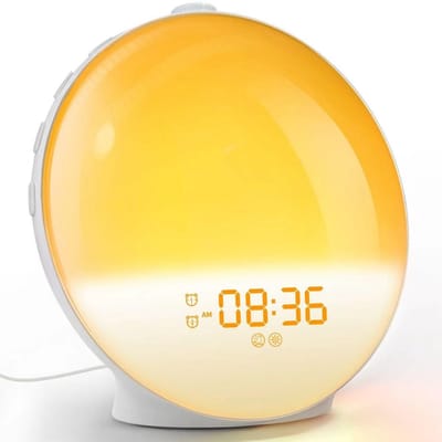 TOVBMUP Wekker met zonlicht - Wekkerlicht - Simulatie van zonsopgang en zonsondergang - Radio - 7 natuurlijke geluidseffecten - 2 alarmen - Snoozefunctie - 20 helderheidsniveaus - Bedlamp voor volwassenen - Geel