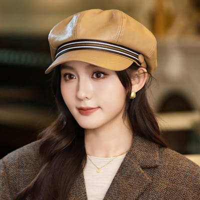 Koreaanse Versie van Retro Leren Baret Dames Herfst en Winter Buiten Vrije Tijd Winddicht en Warm Achthoekige Hoed Britse Stijl Schildershoed One Size