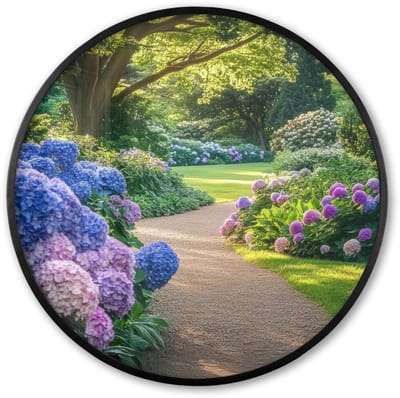 Poster in lijst Rond - Fotolijst 60x60 cm - Posters - Hortensia- Park - Pad - Ronde posterlijst zwart - Decoratie - Wanddecoratie woonkamer - Muurdecoratie slaapkamer