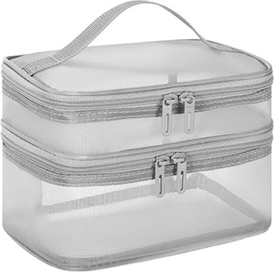 Famanu - Dubbellaagse Make-uptas, Reistoilettas Grote Capaciteit Mesh Make-up Tas met Borstelvak en Handvat Cosmetische Tassen voor Vrouwen Reis Must-haves (Grijs)