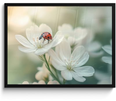 Poster in lijst - Fotolijst 70x50 cm - Posters - Lieveheersbeestje - Bloemen - Wit - Posterlijst zwart - Decoratie - Wanddecoratie woonkamer - Muurdecoratie slaapkamer