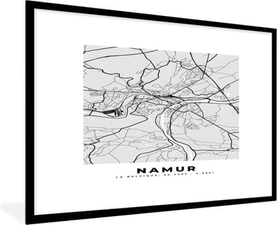 Fotolijst incl. Poster Zwart Wit- Stadskaart – Plattegrond – België – Zwart Wit – Namur – Kaart - 120x80 cm - Posterlijst