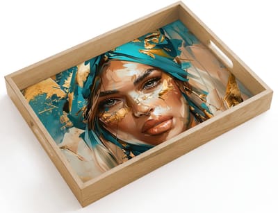 Dienblad hout 40x30 cm - Schootdienblad - Vrouw - Portret - Goud - Luxe - Blauw - Borrelplank rechthoek - Plateau dienbladen