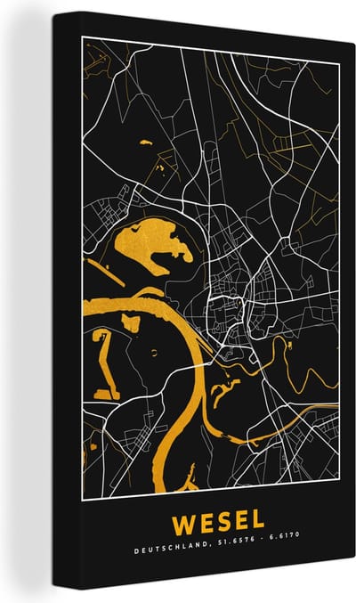 Canvas Schilderij Wesel – Stadskaart – Gold – Plattegrond – Stadskaart – Kaart - Duitsland - 20x30 cm - Wanddecoratie