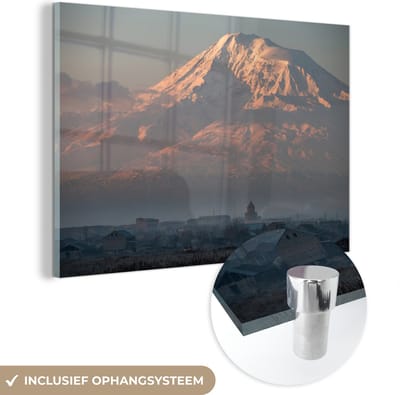 ® Glasschilderij 180x120 cm - Schilderij acrylglas - De berg Ararat voor zonsopgang in Turkije - Foto op glas - Muurdecoratie woonkamer - Wanddecoratie slaapkamer - Schilderijen