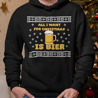 Foute Kerst Hoodie Zwart All I Want For Christmas Is Beer XS - Uniseks Pasvorm - Kerstkleding Voor Dames & Heren