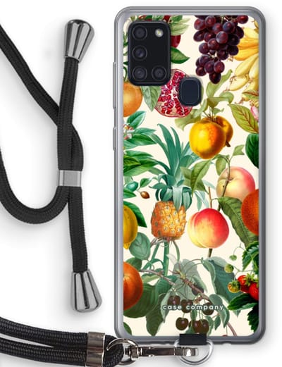 Case Company® - Hoesje met koord geschikt voor Samsung Galaxy A21s hoesje met Koord - Classic Flora - Telefoonhoesje met Zwart Koord - Bescherming aan alle Kanten en Over de Schermrand