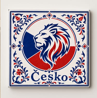 Tsjechië Leeuw Decoratieve Tegel – Česko Keramische Wandtegel – Blauw Rood Witte Tsjechische Souvenir Tegel – Traditionele Europese Woondecoratie