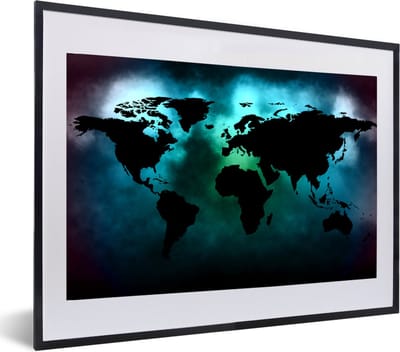 Poster in lijst - Fotolijst 60x40 cm - Posters - Wereldkaart - Zwart - Groen - Posterlijst zwart - Decoratie - Wanddecoratie woonkamer - Muurdecoratie slaapkamer